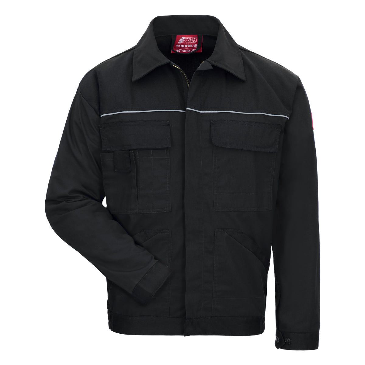 Schwarze Arbeitsjacke mit Frontreißverschluss, Brusttaschen und Ärmelbündchen