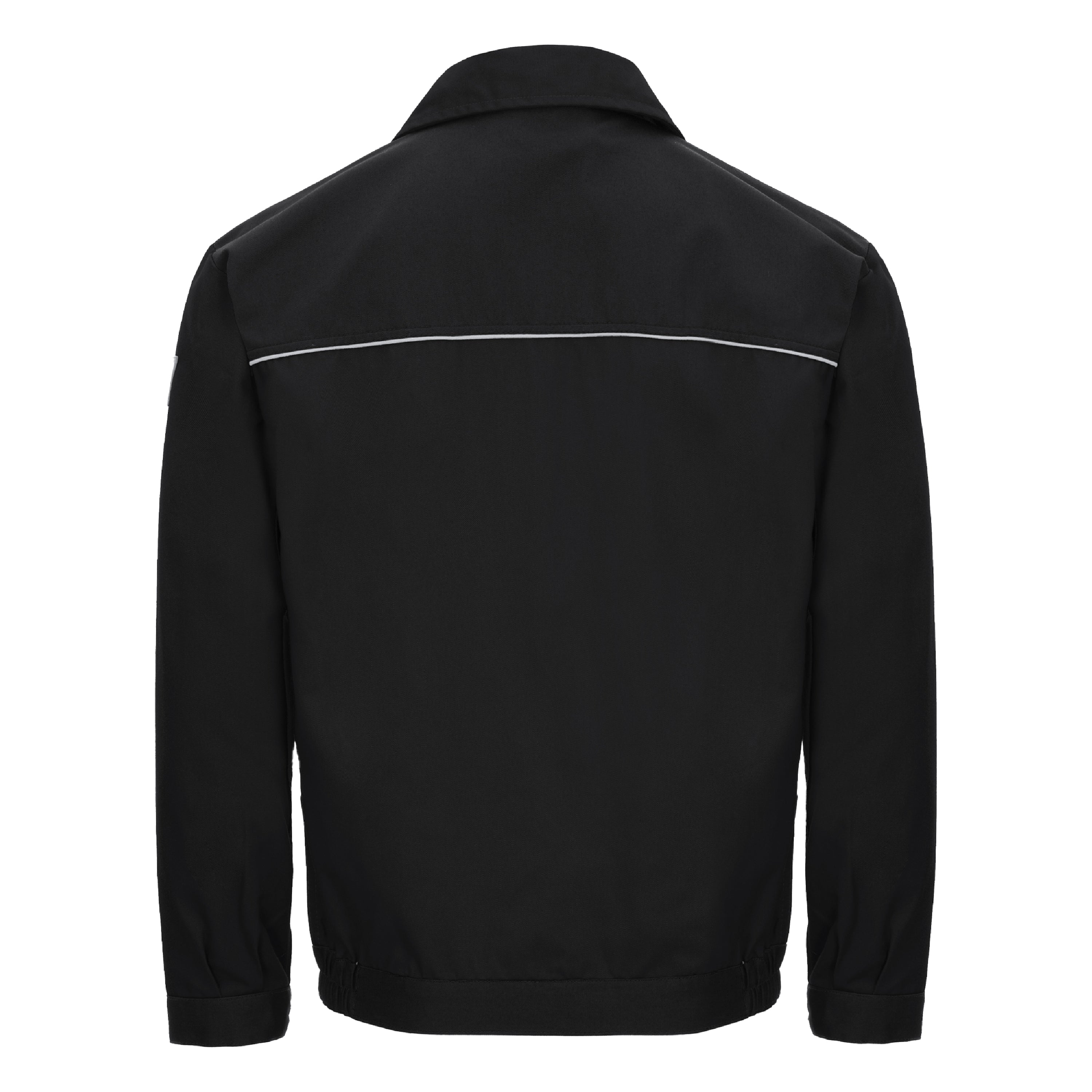 Schwarze Arbeitsjacke Rückansicht mit reflektierendem Mittelstreifen