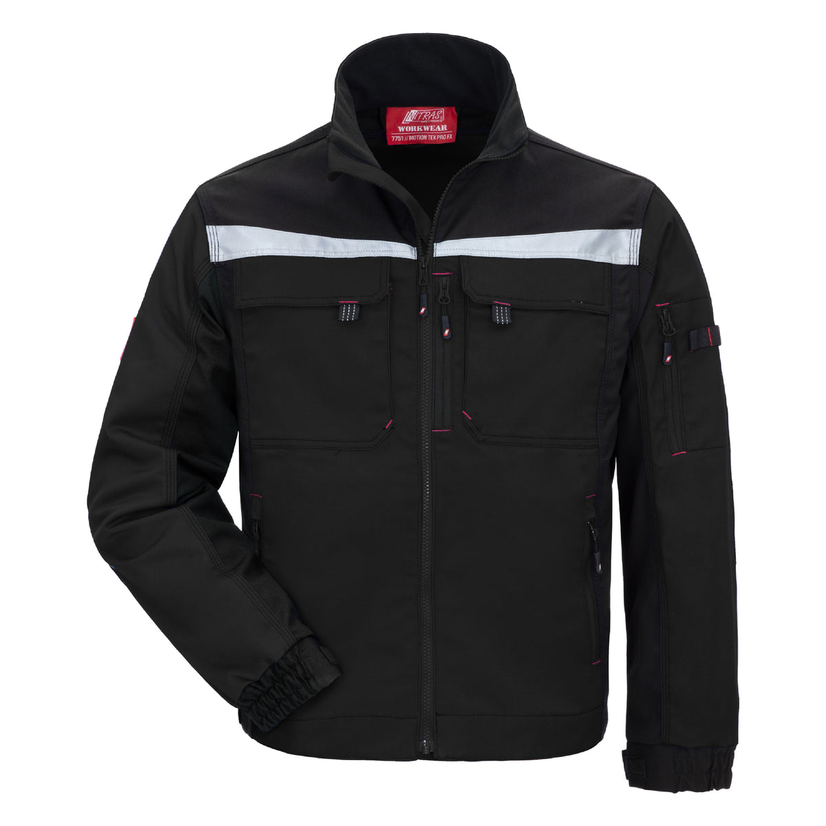 Schwarze Arbeitsjacke mit Kapuze, durchgehendem Reißverschluss und Brusttaschen