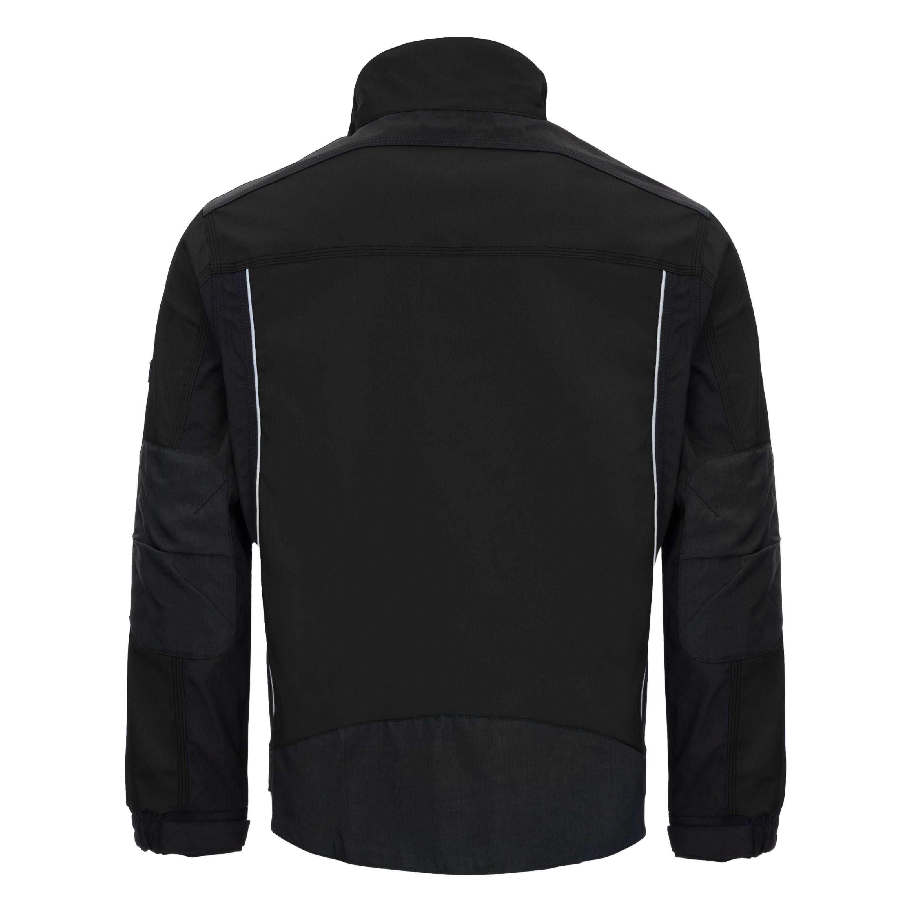 Arbeitsjacke mit Kapuze, schwarze Rückansicht, reflektierende Streifen, Reißverschluss