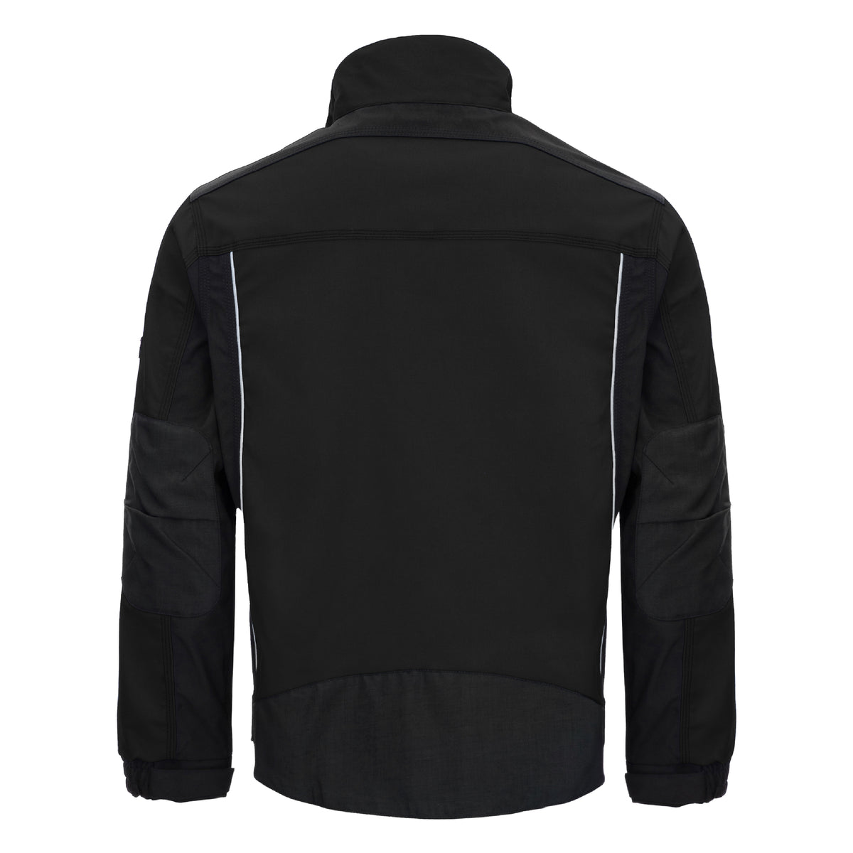 Schwarze Arbeitsjacke mit Kapuze, Rückenansicht, Reißverschluss und Ärmelbündchen