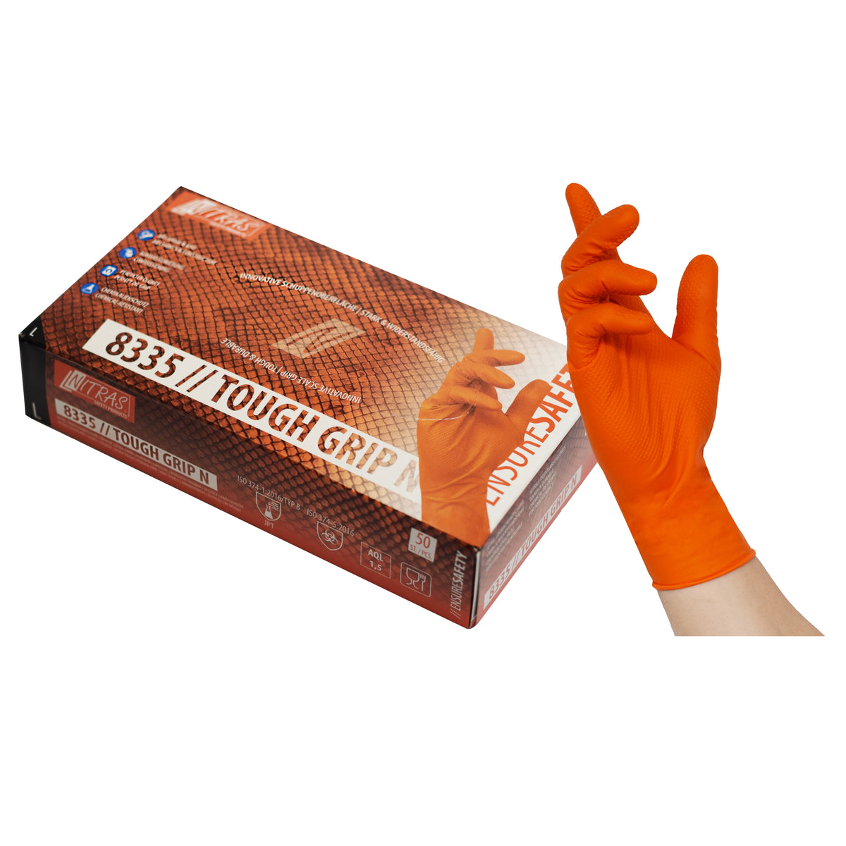 Nitril-Einmalhandschuhe, orange, mit griffiger Oberfläche; Kartonpackung im Blick