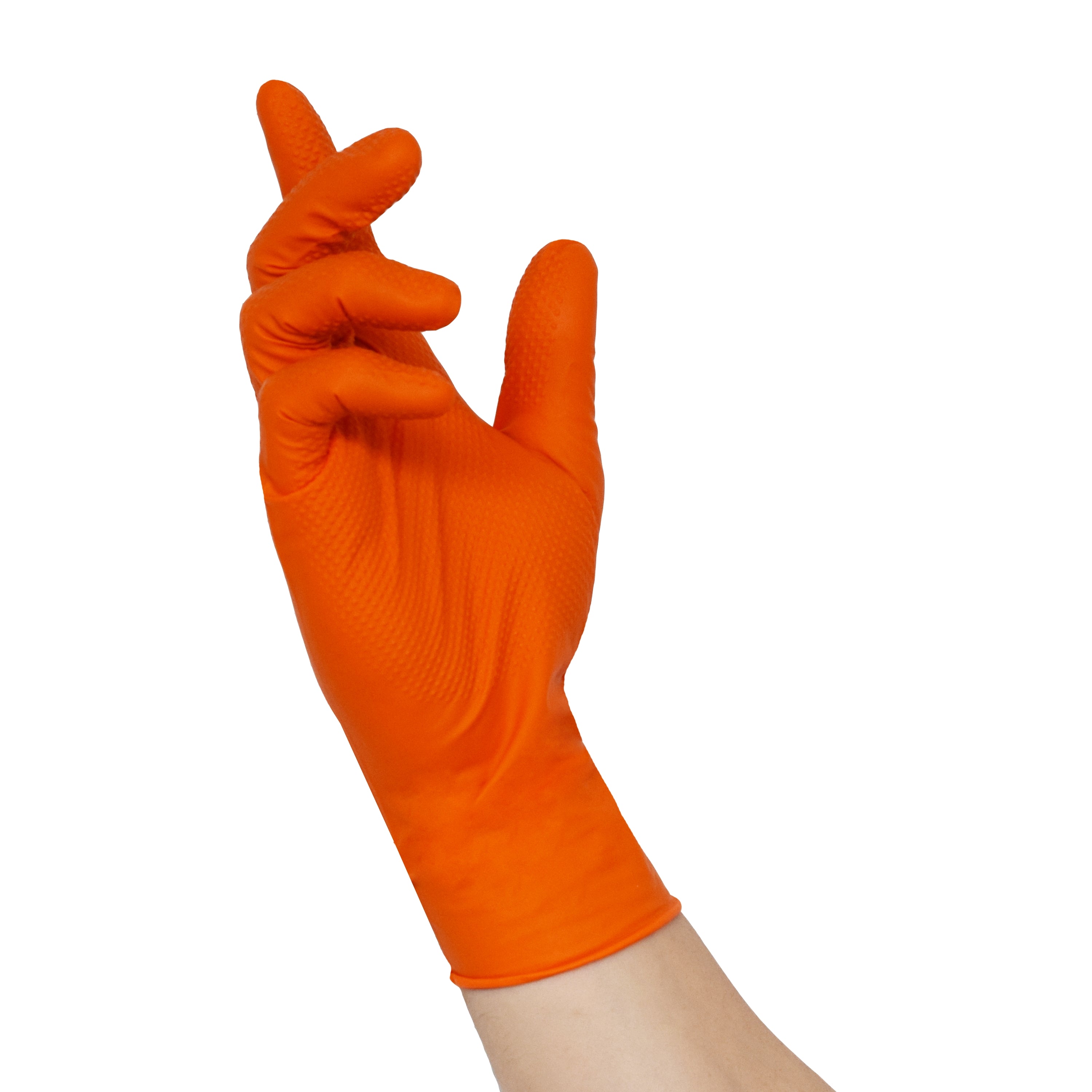 Orangefarbener Nitril-Einmalhandschuh, Handgeste mit zwei Fingern.