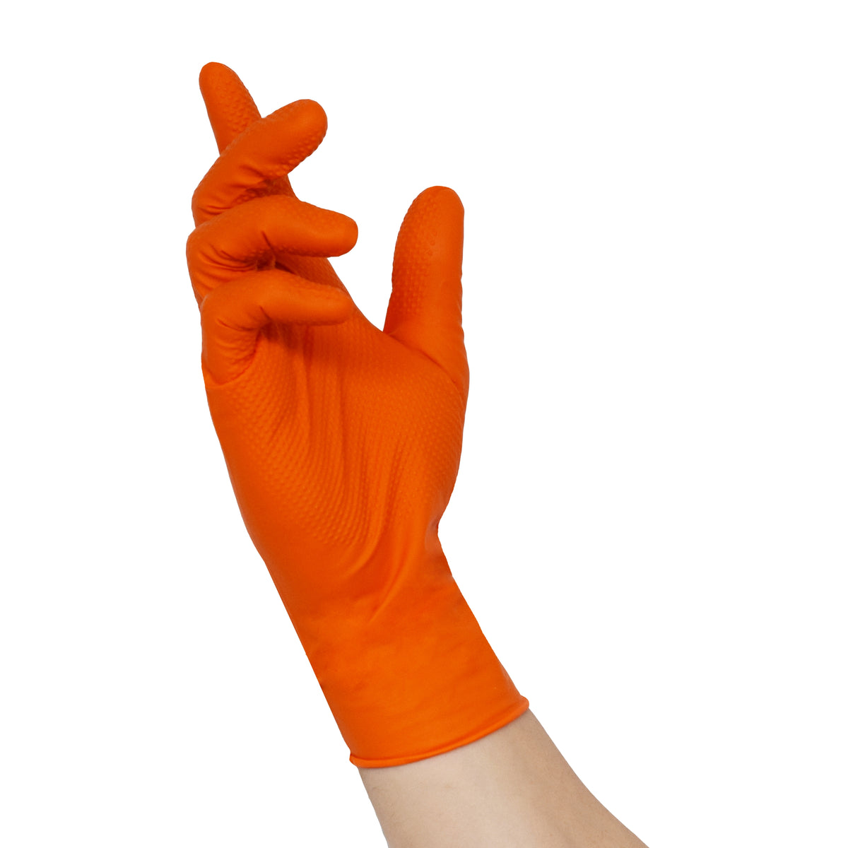 Orange Nitril-Einmalhandschuh mit Profilstruktur für sicheren Griff