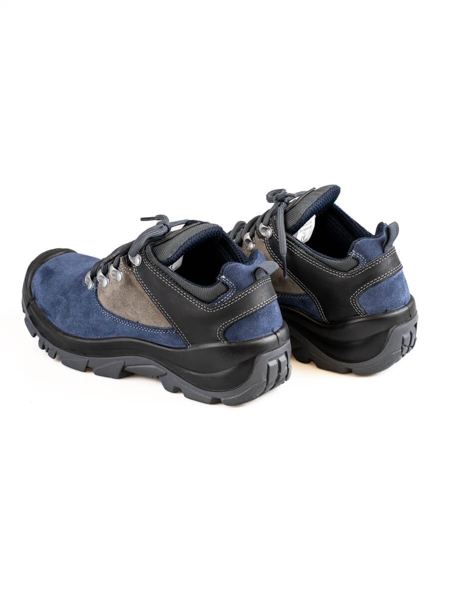 Rückansicht Sicherheits-Halbschuhe mit Schnürung, blau-grau und verstärkten Fersen