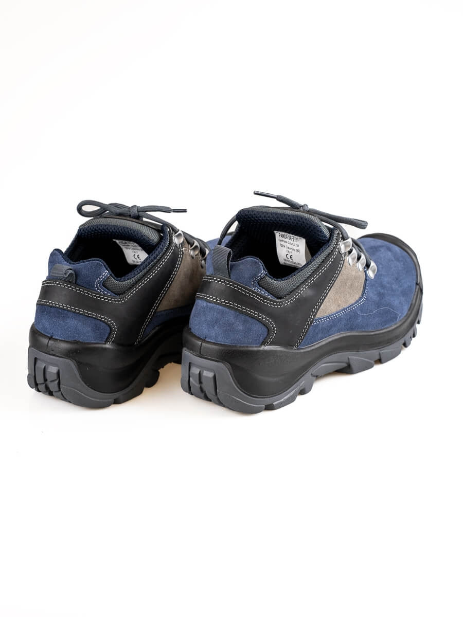 Sicherheits-Halbschuhe seitlich, dunkelblaue Einsätze, Schnürsenkel und robuste Laufsohle