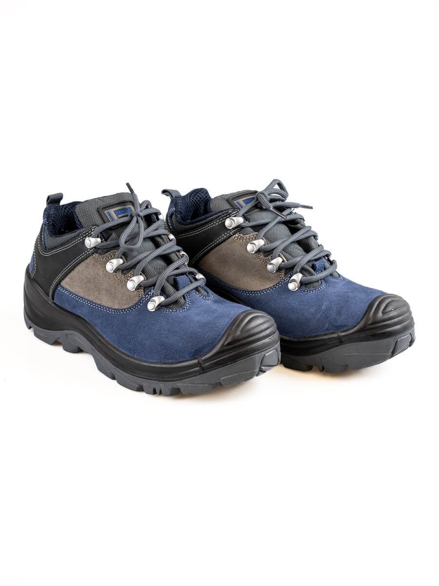 Sicherheits-Halbschuhe vorne/seitlich, graues und blaues Obermaterial mit Schnürung