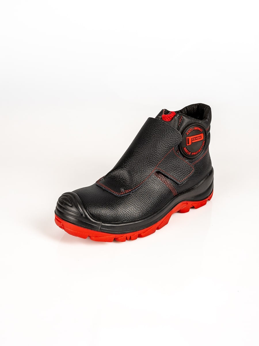 Schweißer-Sicherheitsstiefel, schwarzes Leder mit roten Kontrastnähten, rutschfester Sohle.