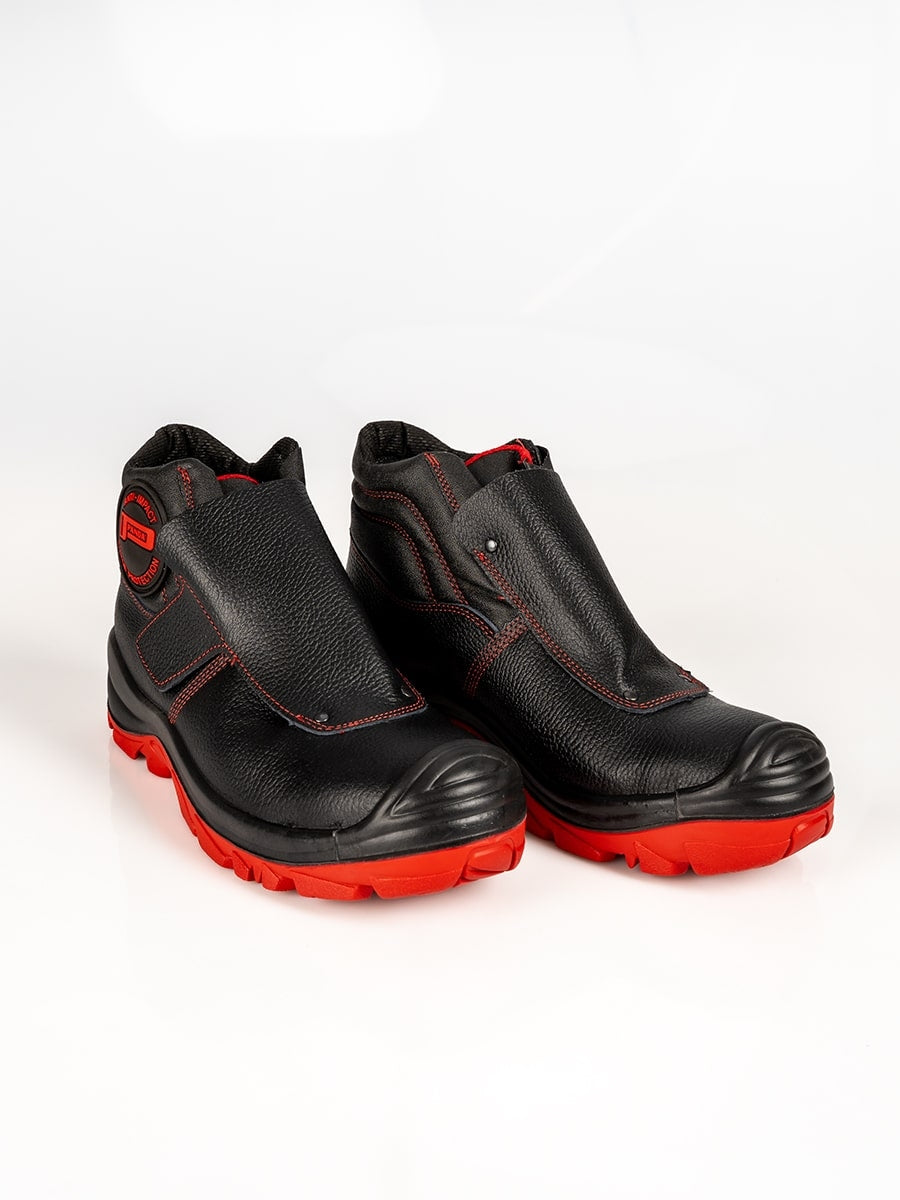 Schweißer-Sicherheitsstiefel Paar von vorn/seitlich, schwarzes Leder, rote Profilsohle.