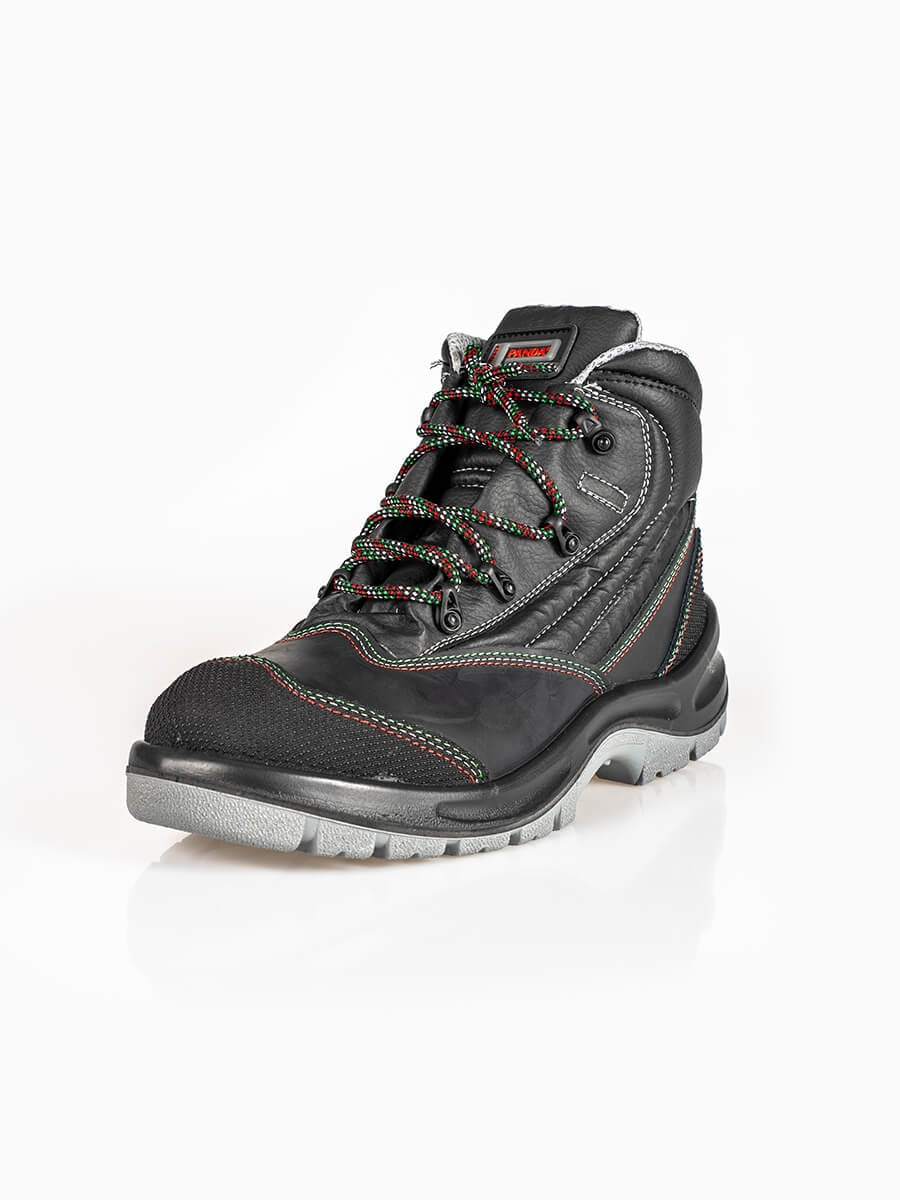 Schwarzer Sicherheits-Schnürstiefel mit Profilsohle, gepolstertem Schaft und bunten Schnürsenkeln