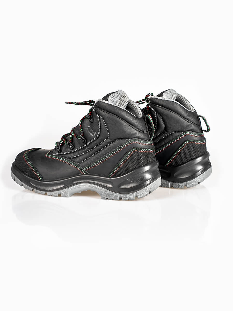 Sicherheits-Schnürstiefel mit grauem Einsatz am Knöchel, Profilsohle und bunten Schnürsenkeln