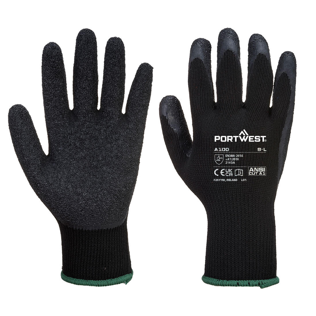 Latex-Grip-Handschuhe, schwarz mit rutschfester Handfläche und grünem Bündchen