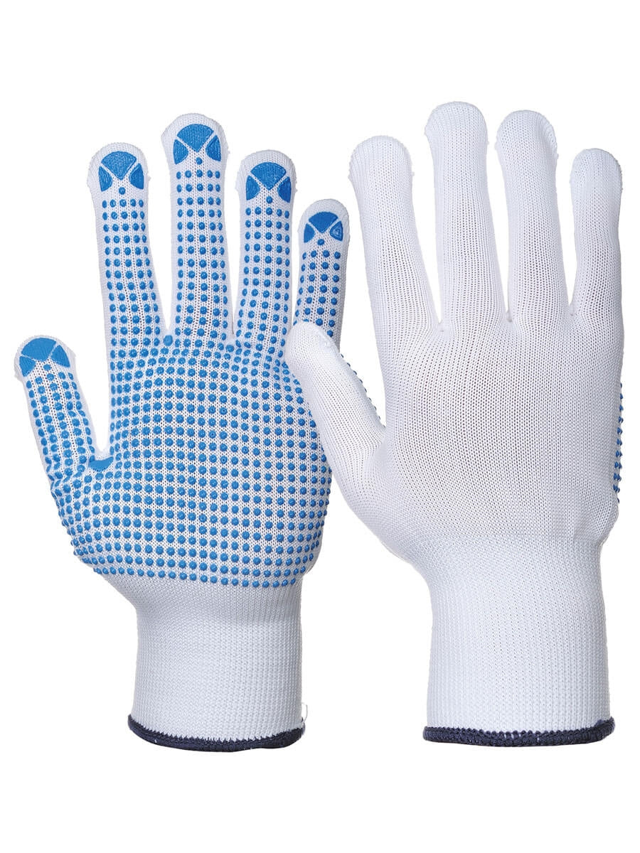 Handschuhpaar mit weißem Strick und blauen PVC-Noppen auf Handfläche und Fingerspitzen