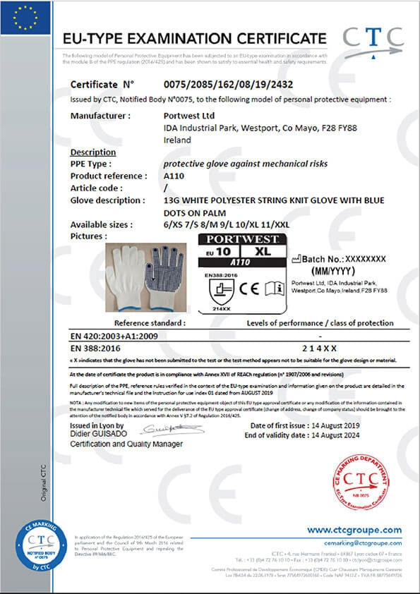 EU-Typenprüfung-Zertifikat für Schutzhandschuhe A110 mit CTC-Logo und Stempel