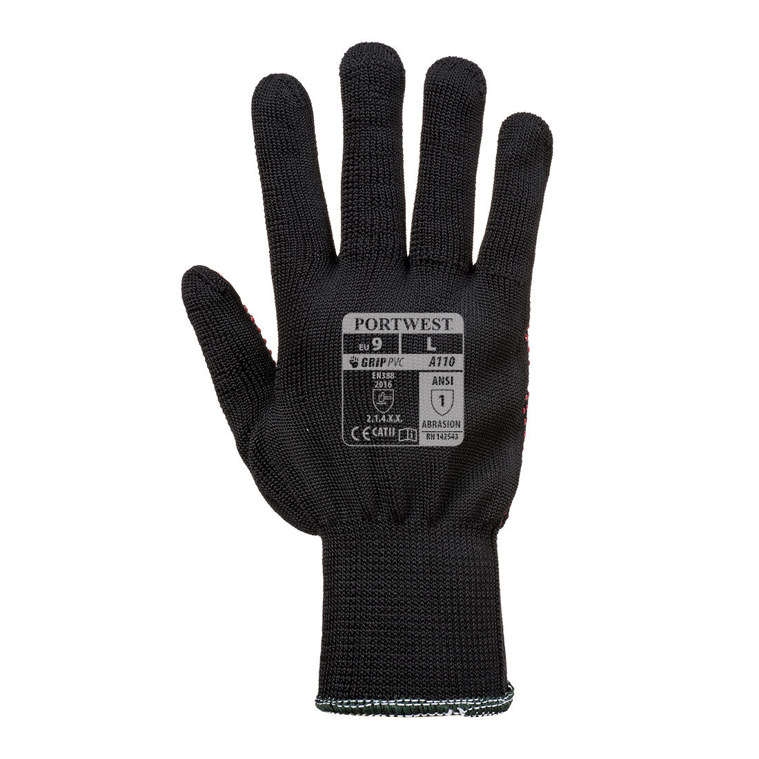 Schwarzer Handschuh mit PVC-Noppen und PORTWEST A110-Aufdruck
