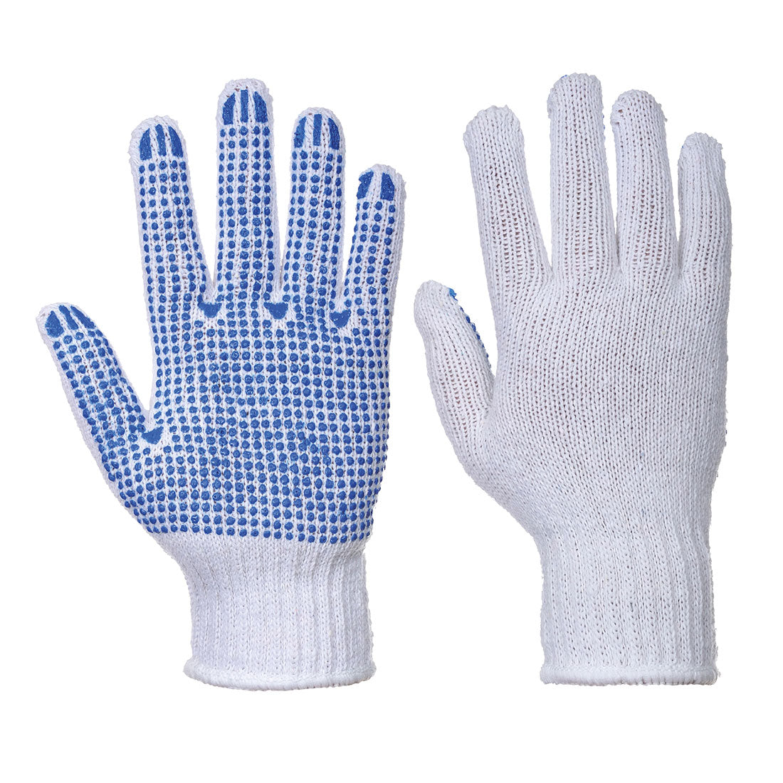 Weiße Arbeitshandschuhe mit blauem Noppenbesatz an Handfläche und Fingern