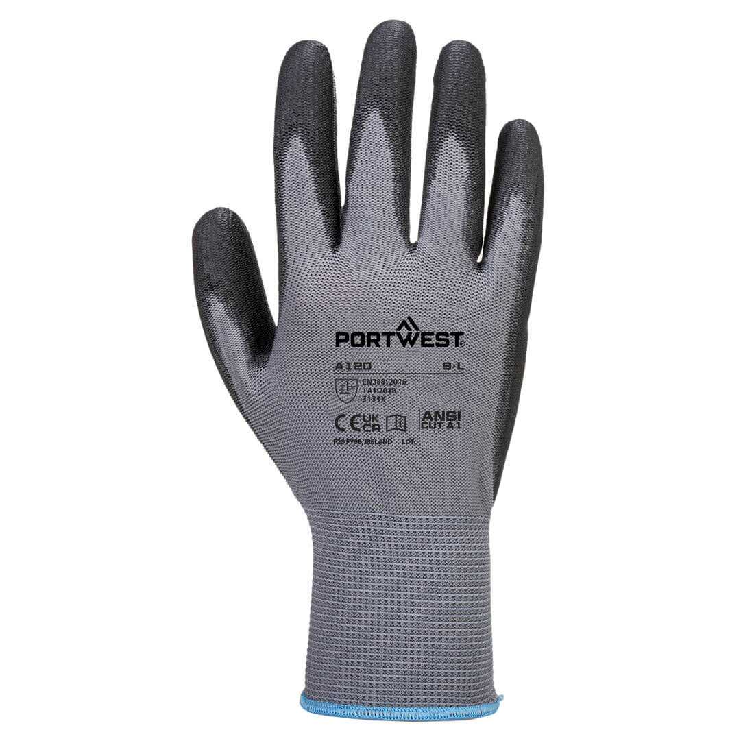 PU-beschichteter Handschuh grau-schwarz mit PORTWEST-Logo, blaues Bündchen