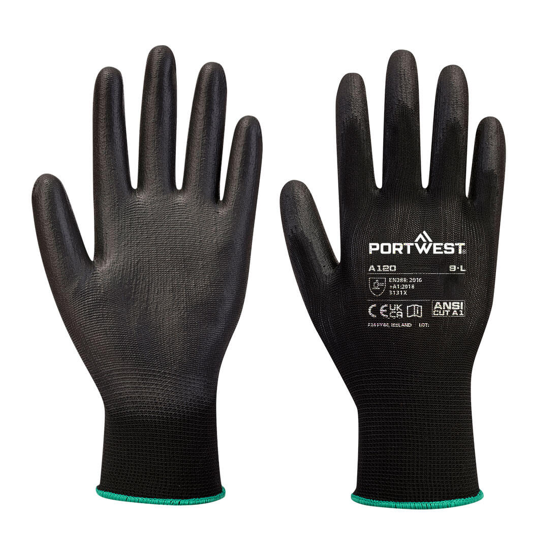 Portwest PU-beschichtete Handschuhe: schwarz, grüne Bündchenkante, Profilfläche