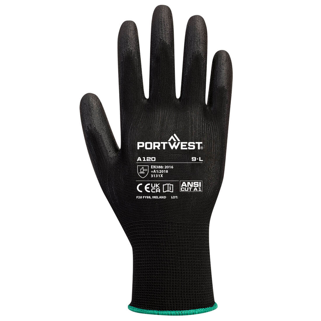 Portwest PU-beschichteter Handschuh schwarz mit A120-Größen- und Normaufdruck