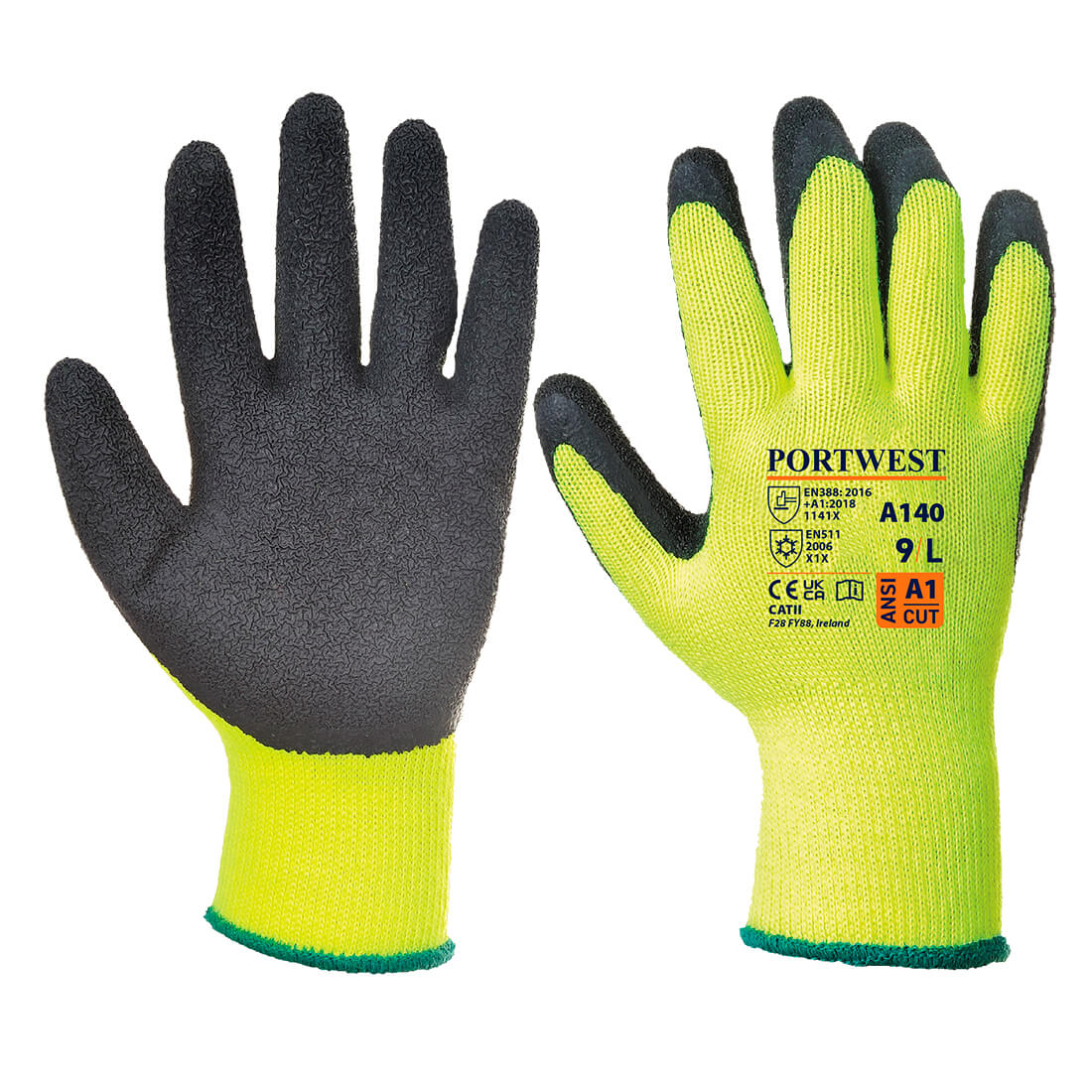 Portwest Thermo Grip Handschuh A140: gelb-schwarz, gestrickt, beschichtete Handfläche, Bündchen.