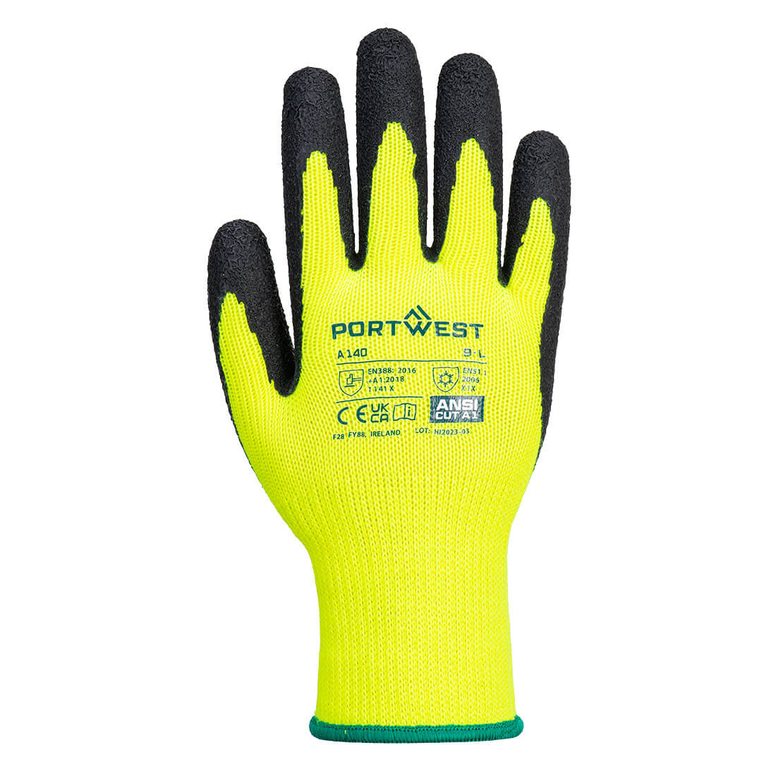 Portwest A140 Handschuh: gelber Strick, schwarze Fingerspitzen, CE-Aufdruck am Handrücken.