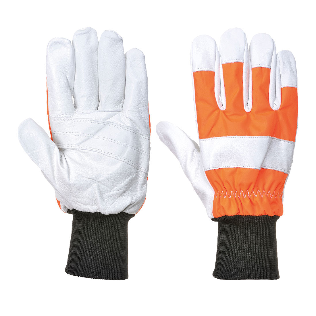 Portwest Kettensägen-Schutzhandschuhe, orange/weiß, Handfläche weiß, schwarzes Bündchen