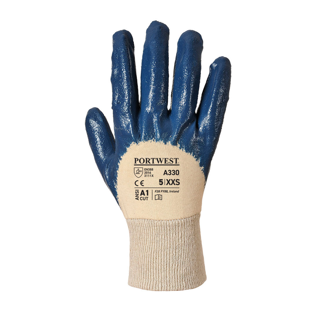 Nitrilhandschuh mit Strickbund, marineblau, Vorderansicht mit PORTWEST-Label A330