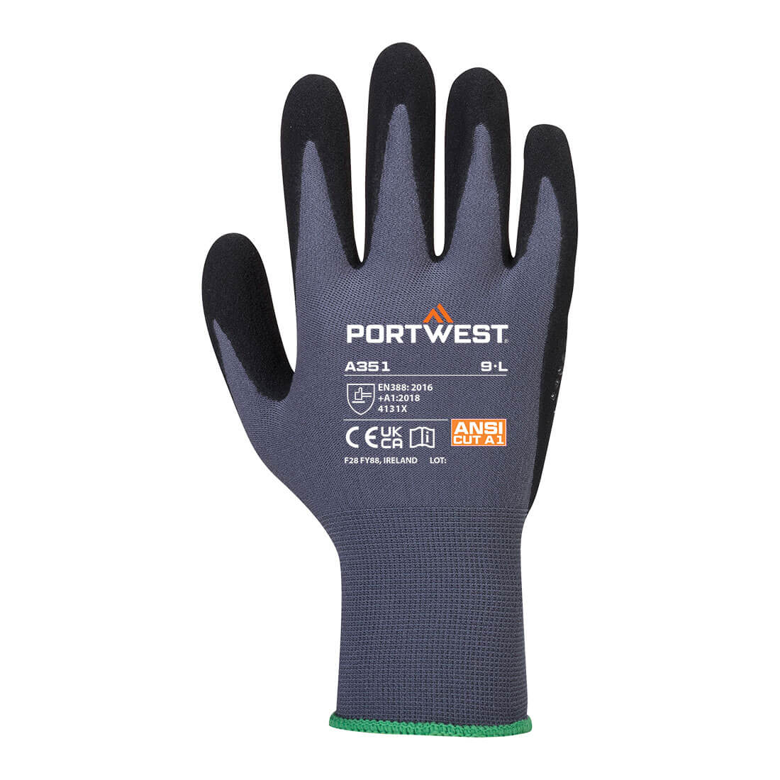 Nitrilschaum-Handschuh, schwarz beschichtet mit Noppen, grauer Handrücken, grüner Stulpenbund, 9-L