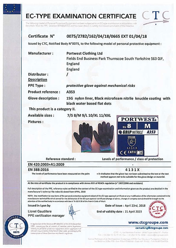 EU-Baumusterprüfbescheinigung für Portwest A353 Handschuhe, mit Prüfungsangaben