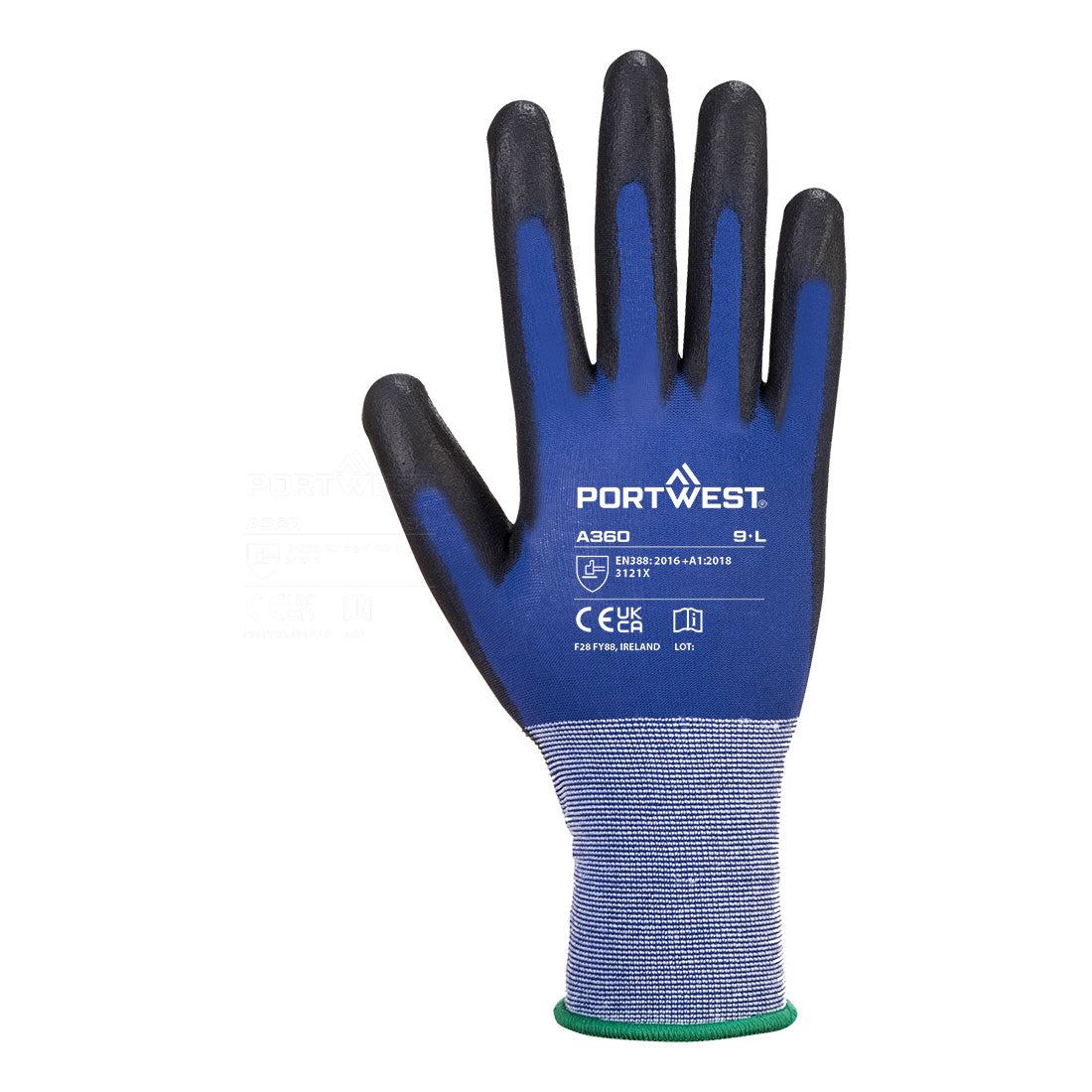 Portwest Senti-Flex Arbeitshandschuhe: blaue Hand, schwarze Fingerspitzen, blaue Stulpe