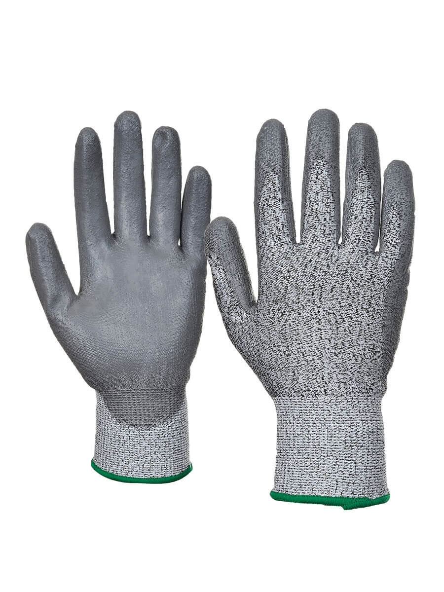 Grau beschichteter PU-Schnittschutz-Handschuh mit Fingerschutz und grüner Stulpe