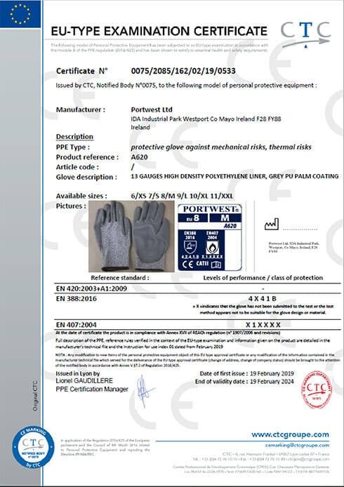 EU-Typprüfbescheinigung für Portwest Handschuh A620 Level C (Dokument)