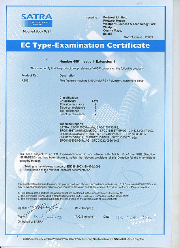 EC-Type-Examination-Zertifikat für Portwest Sabre-Lite Schnittschutz-Handschuh A655