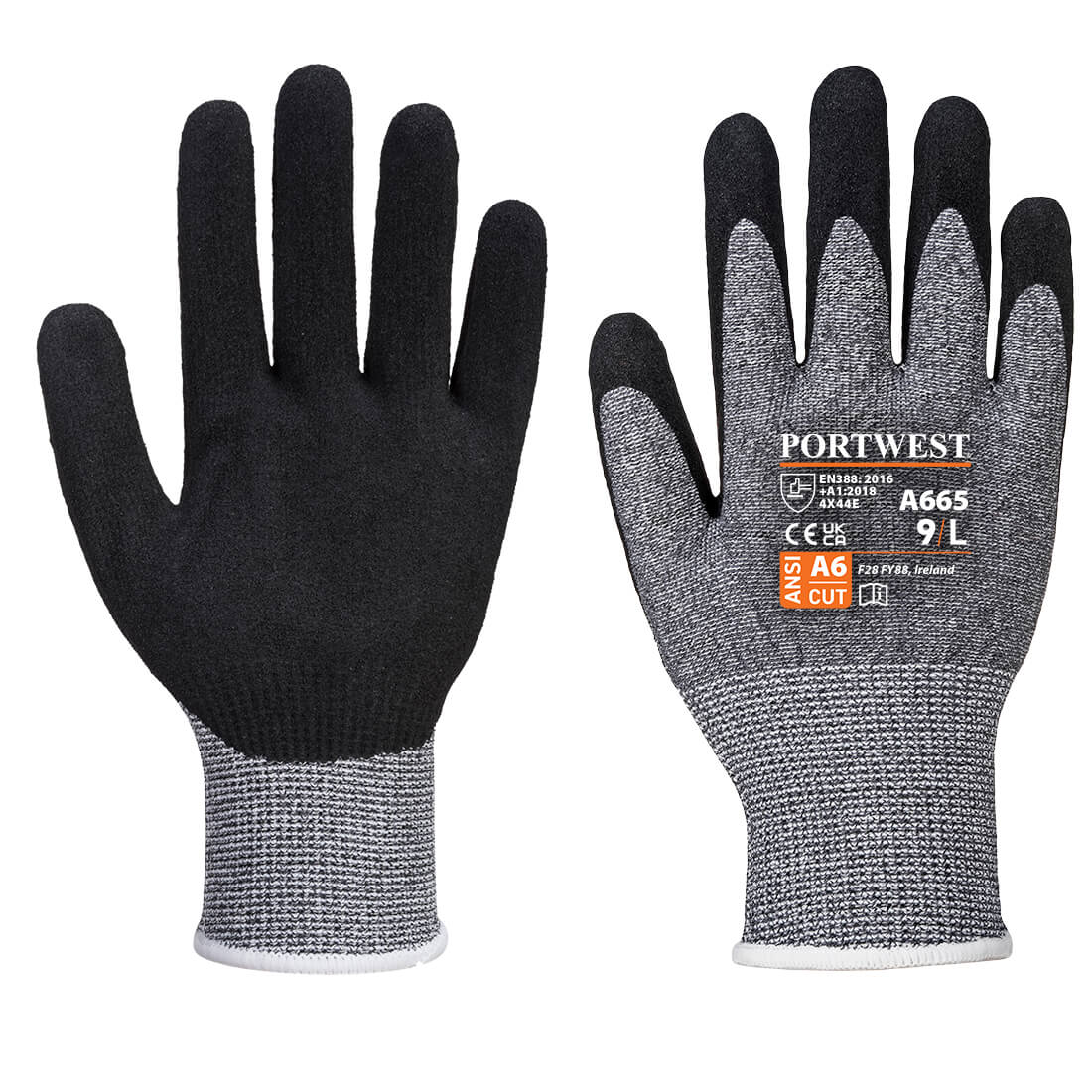 Schnittschutzhandschuh aus grauem Strick mit schwarzen Fingerspitzen und weißer Stulpe