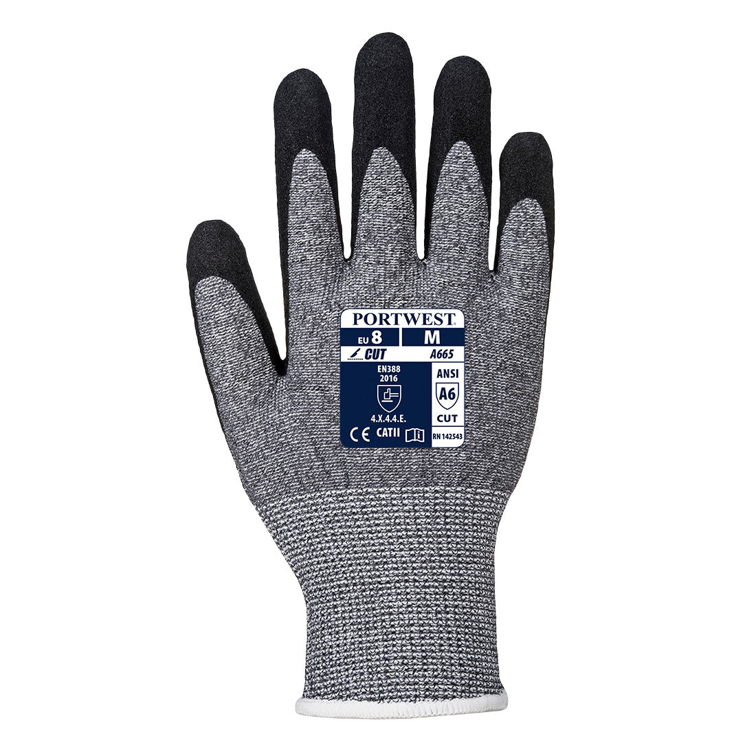 Schnittschutzhandschuh aus grauem Strick mit schwarzen Fingerspitzen, blaues Kennzeichen