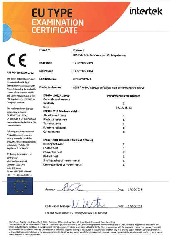 EU-Typprüfung Zertifikat für Portwest A691 Schnittschutz-Stulpe, Intertek
