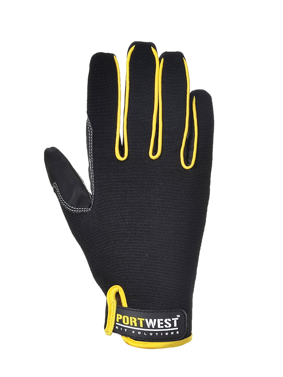 Handschuh aus schwarzem Textil mit gelben Akzenten und Portwest-Label, A730