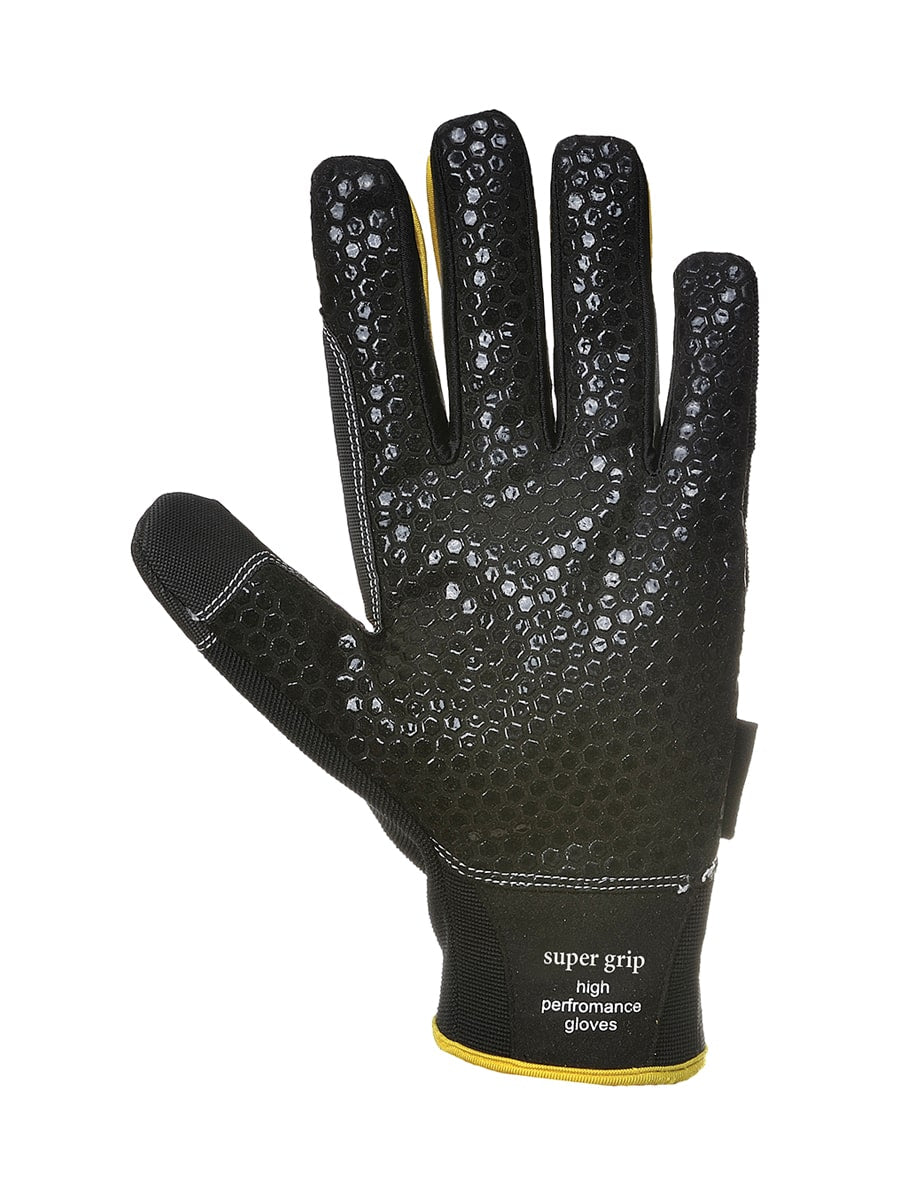 Schwarzer Handschuh mit genopfter Grip-Fläche, gelbes Bündchen und super grip Aufdruck