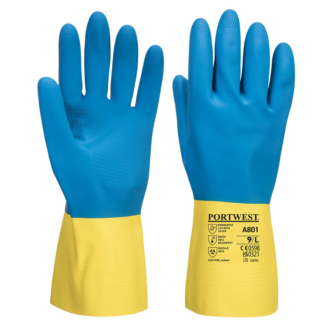 Portwest Latex-Stulpenhandschuhe A801, doppelt getaucht, blau mit gelber Stulpe