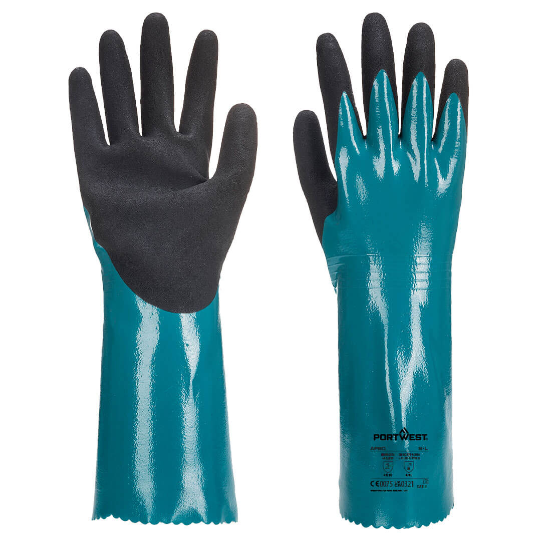 Handschuh mit Stulpe, blau-schwarz: schwarze Handfläche, Vorder- und Rückseite