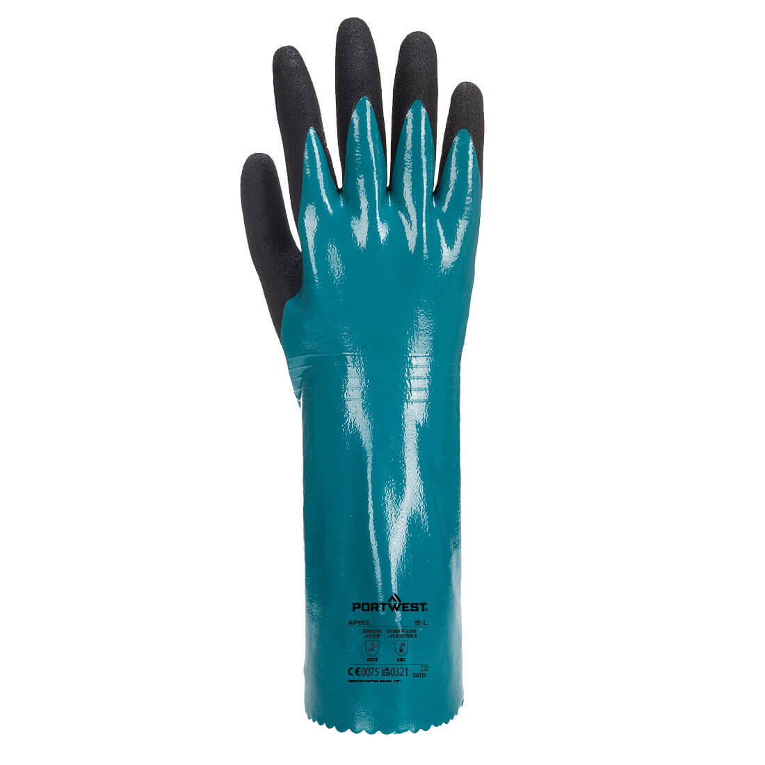 Handschuh mit Stulpe in Blau, schwarze Fingerspitzen und Handfläche
