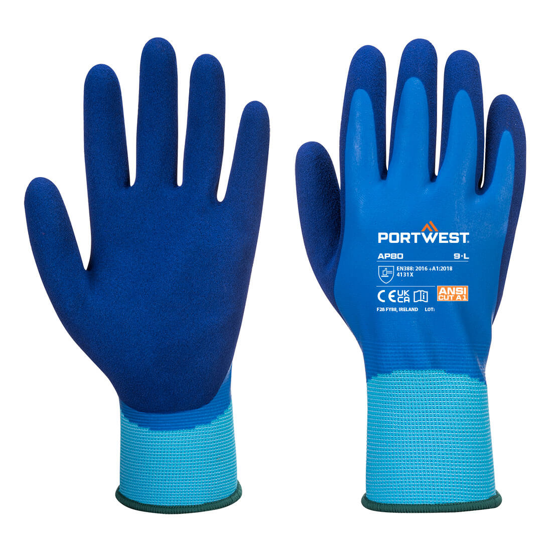 Blaue Arbeitshandschuhe (Paar) mit beschichteter Handfläche und hellblauem Bündchen