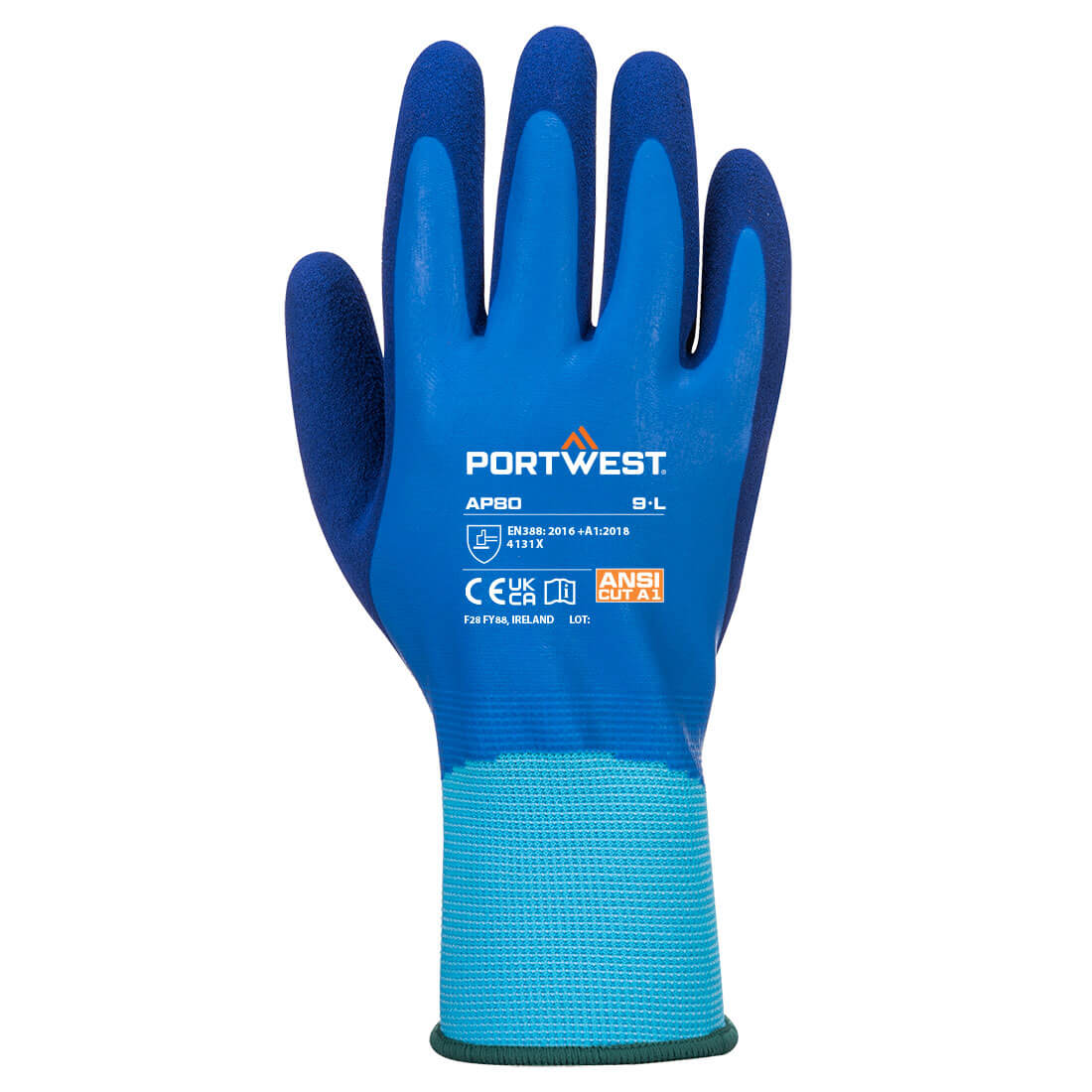 Blauer Handschuh mit beschichteter Handfläche und hellblauem Strickbündchen, PORTWEST AP80