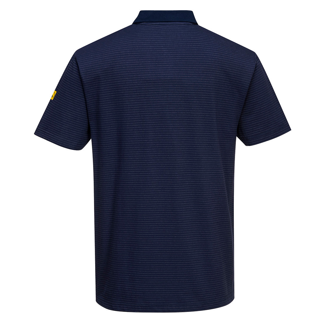 ESD-Poloshirt Rückansicht, dunkelblau mit feinen Streifen, kurzer Ärmel, gelber Aufnäher