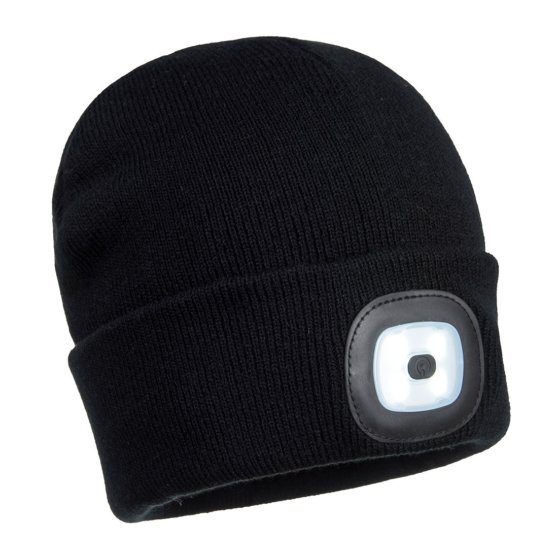 Schwarze Strickmütze mit rechteckigem LED-Frontmodul, weißes Licht
