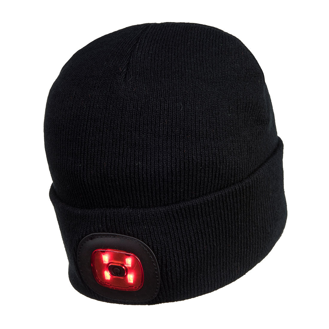 Schwarze Strickmütze mit rechteckigem LED-Frontmodul, rotes Licht