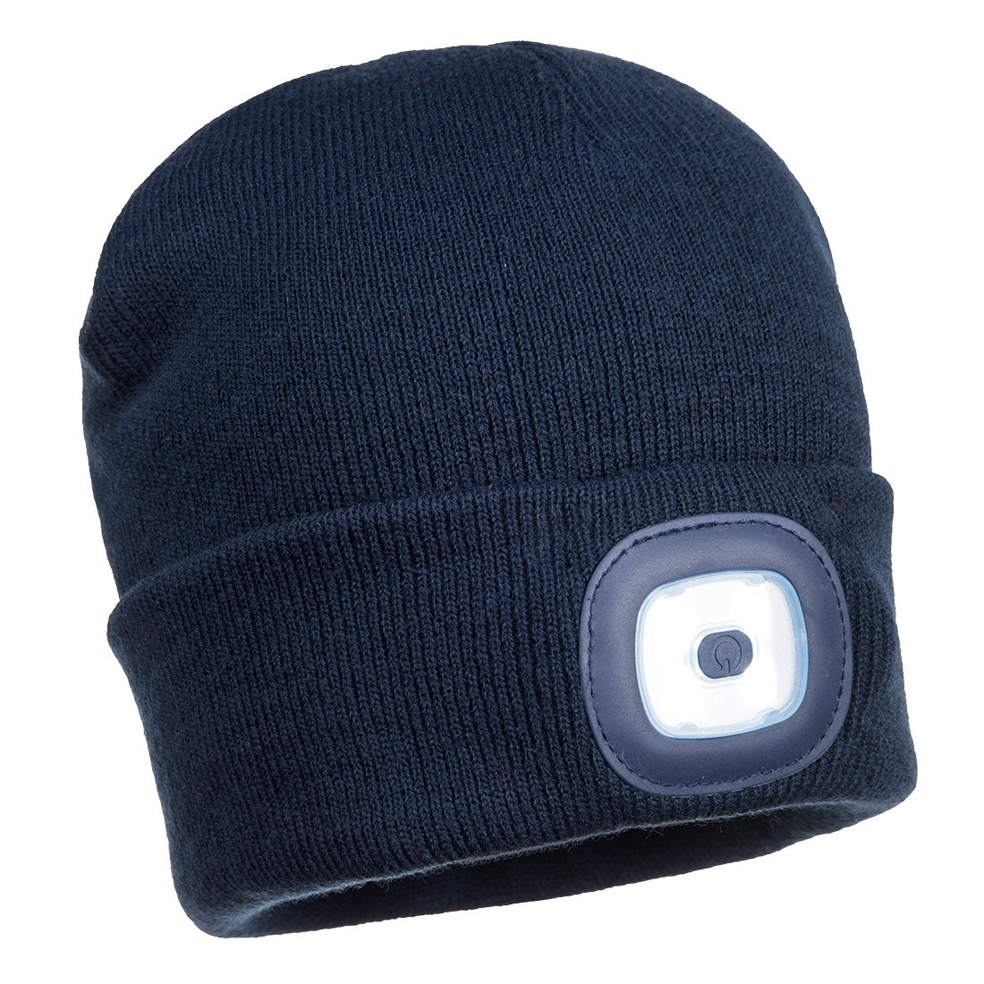 Marinefarbene LED-Beanie mit USB-Wiederaufladbarem Leuchtmodul am Umschlag