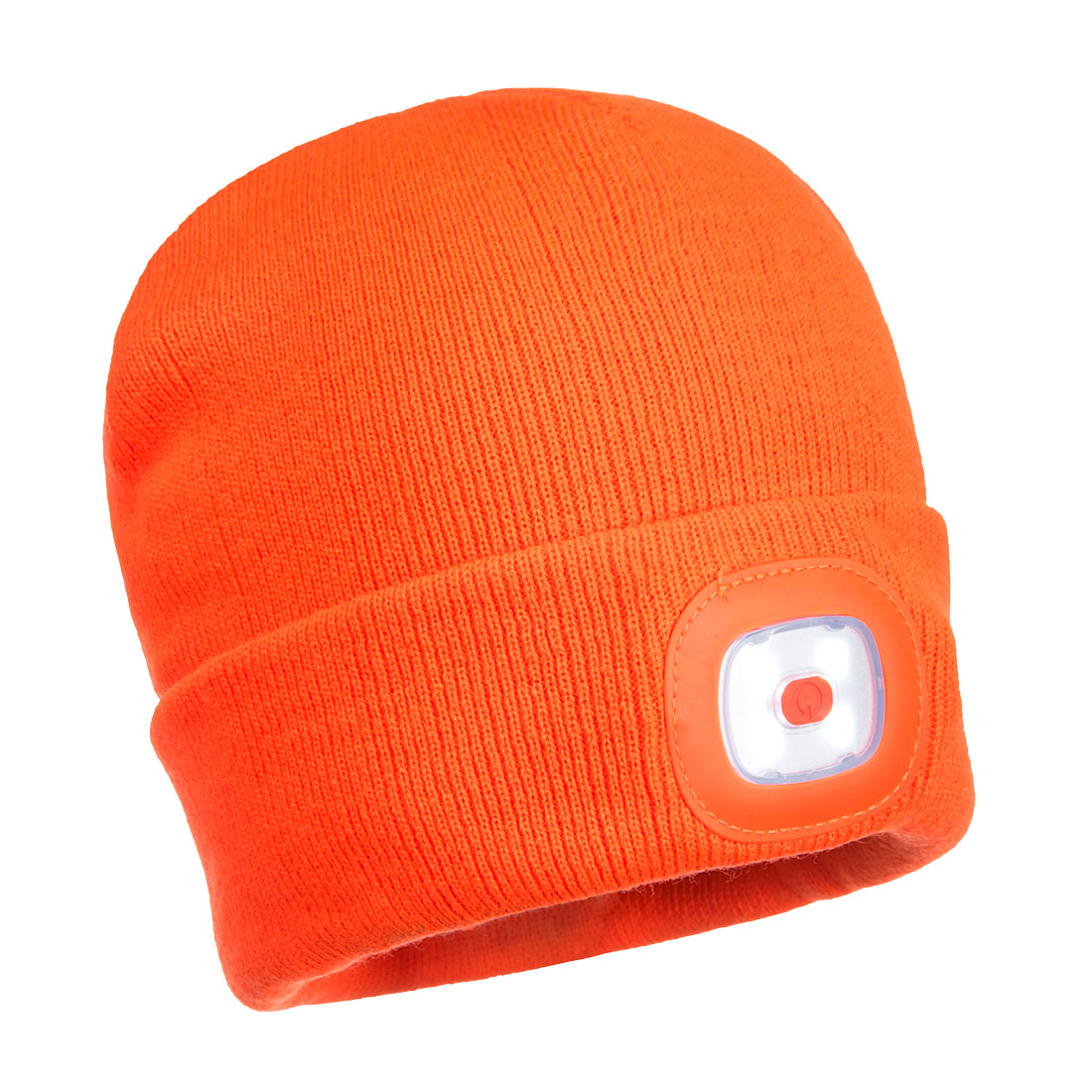 Orange Strickmütze mit wiederaufladbarer LED-Leuchte am Stirnband