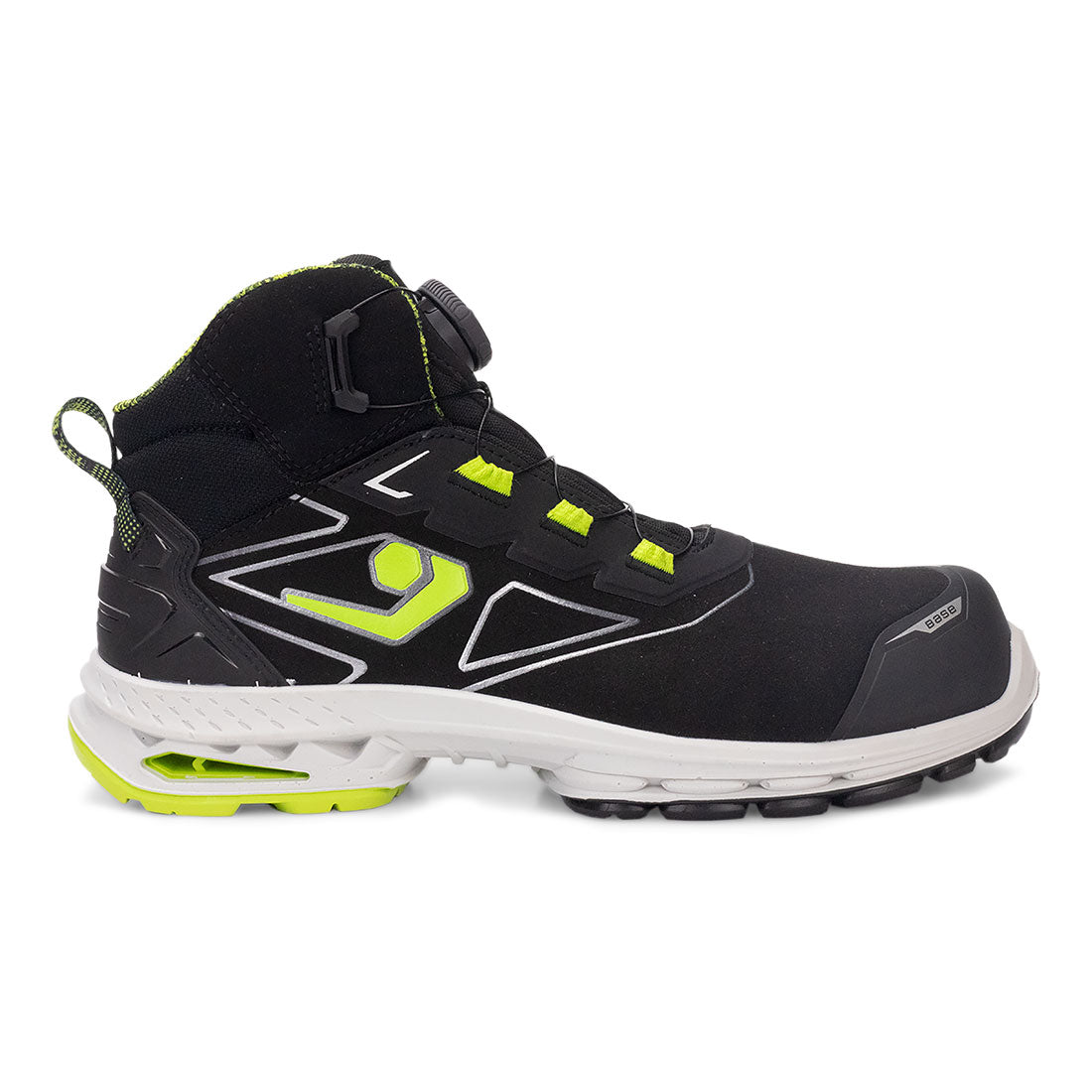 Schwarzer Sicherheitsschuh mit Neon-Grün, gepolstertem Schaft und Profilsohle