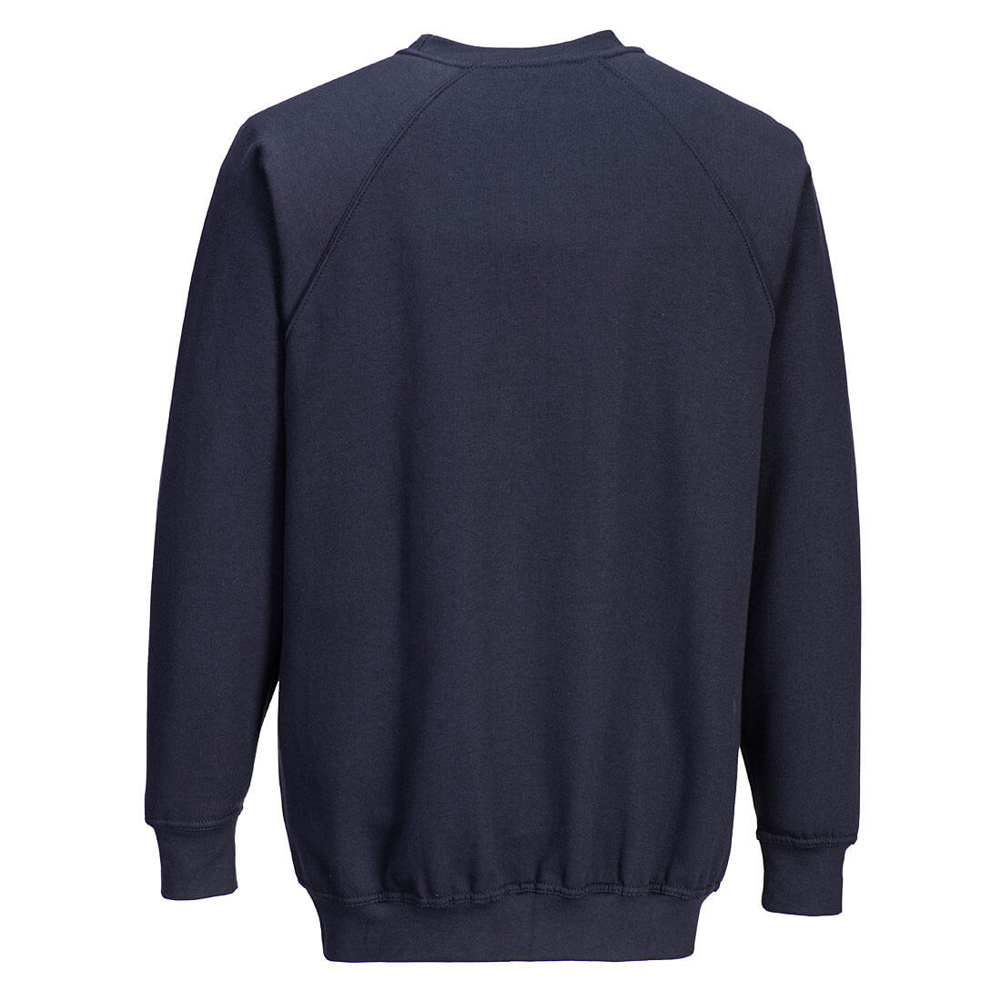 Dunkelblauer Sweatshirt-Rückenansicht mit Rundhalsausschnitt und geripptem Saum